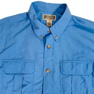 Duluth Trading Co Men XL Blue Nylon Short Sleeve Vented Fishing Shirt Button Up